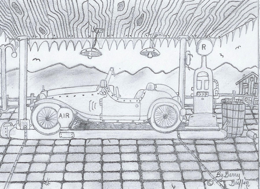 Car Drawing - Pebble Stone Gas Station by Gerald Griffin
