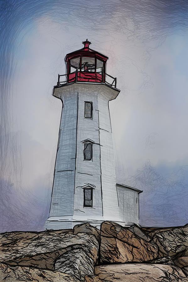 Seagull Painting - Peggys Cove Lighthouse Drawing by John Haldane