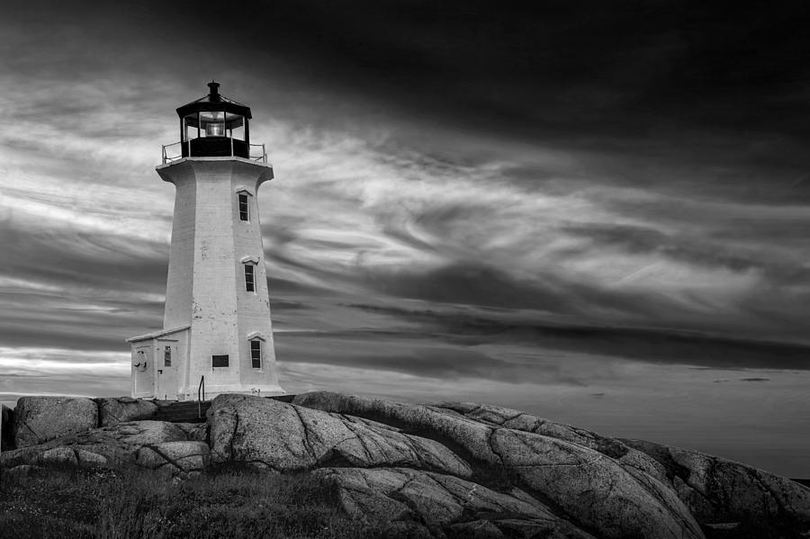 Architecture Photograph - Peggys Cove Lighthouse in Nova Scotia in Black and White by Randall Nyhof
