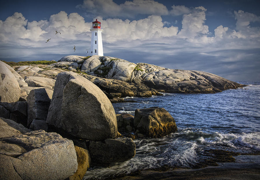Peggys Cove Lighthouse with Flying Gulls Photograph by Randall Nyhof
