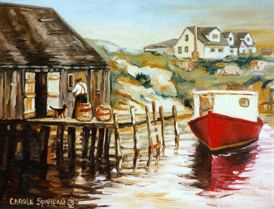 Peggys Cove Nova Scotia Fishing Village With Red Boat Painting by Carole Spandau