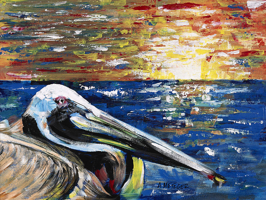 Pelican Sunset Painting by Alan Metzger