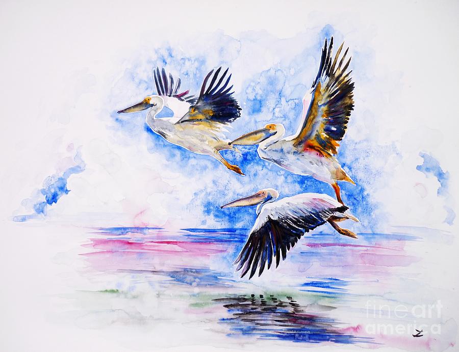 Pelicans Painting by Zaira Dzhaubaeva