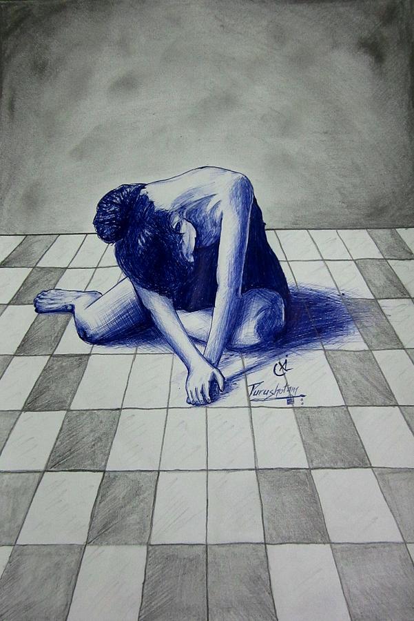 Pen Sketch Depressed Girl Drawing by Purushotama Anil Kumar