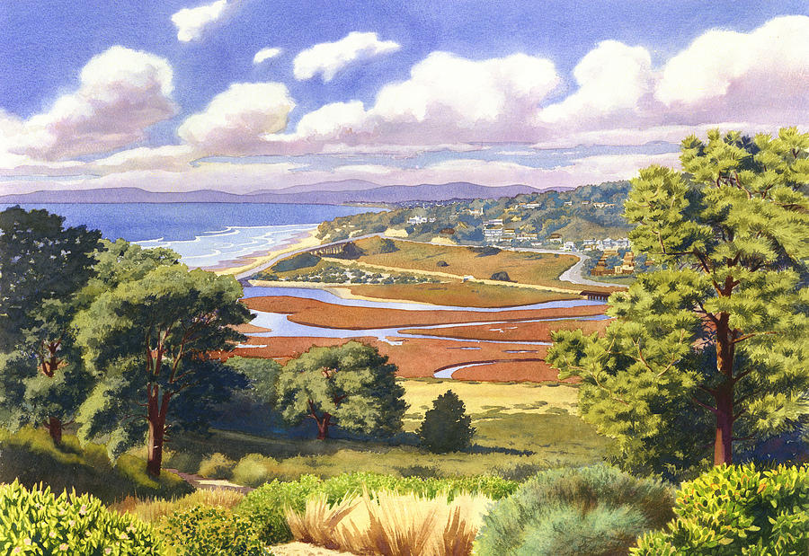 San Diego Painting - Penasquitos Lagoon with Clouds by Mary Helmreich