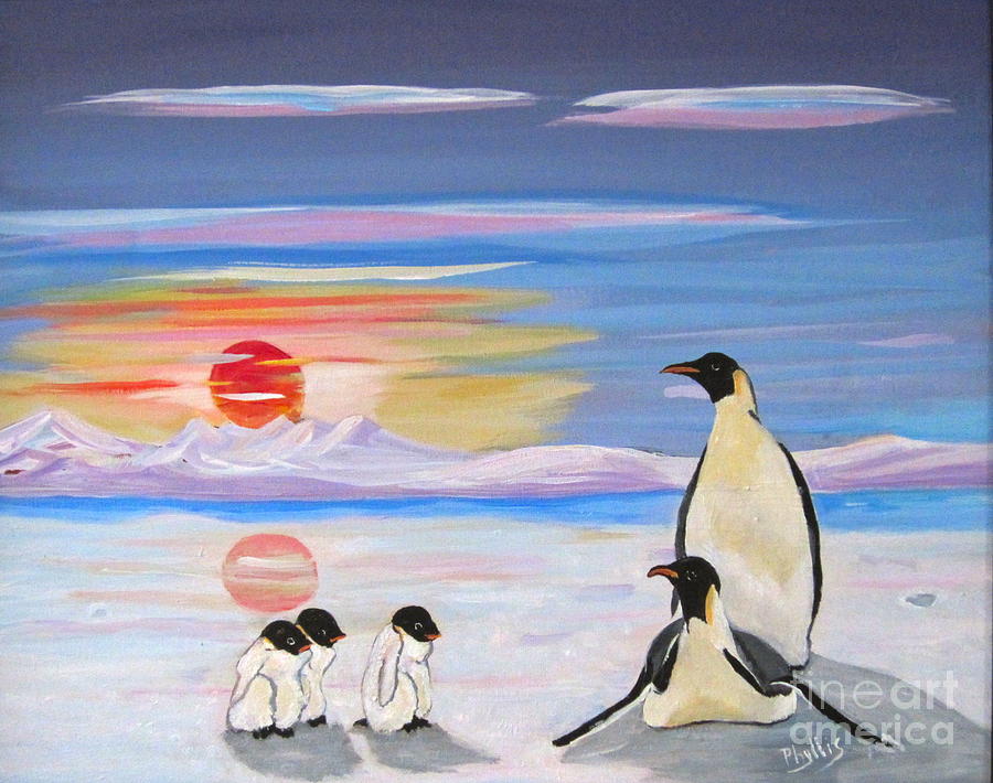 Sunset Painting - Penguin Family by Phyllis Kaltenbach