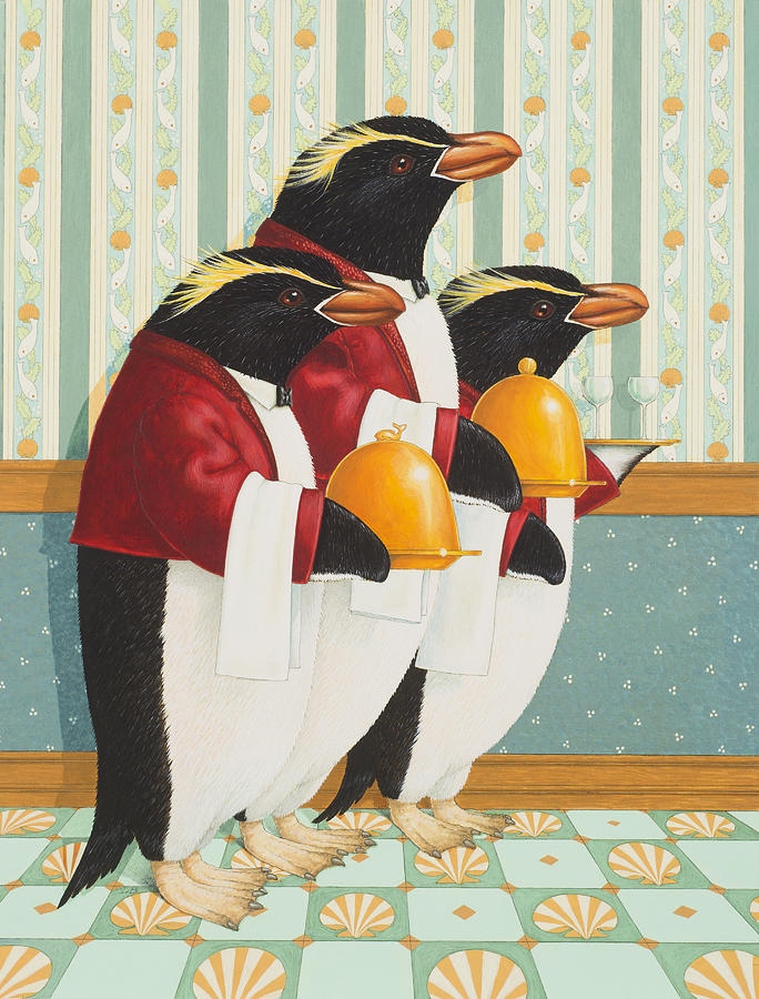 Penguin Waiters Painting by Lynn Bywaters