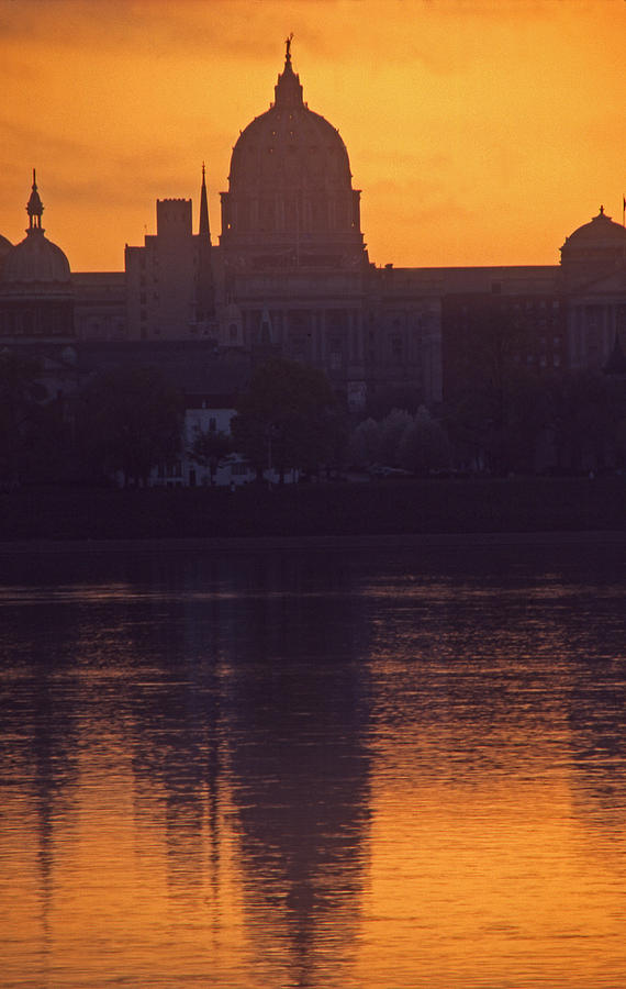 Pennsylvania Capitol Silhouette And Susquehanna River Reflection Photograph