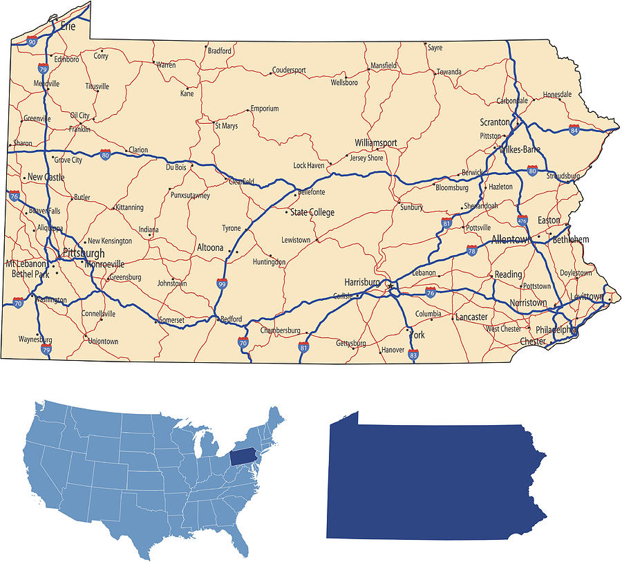 Pennsylvania road map Drawing by Miniature Pennsylvania road map Drawing by Miniature