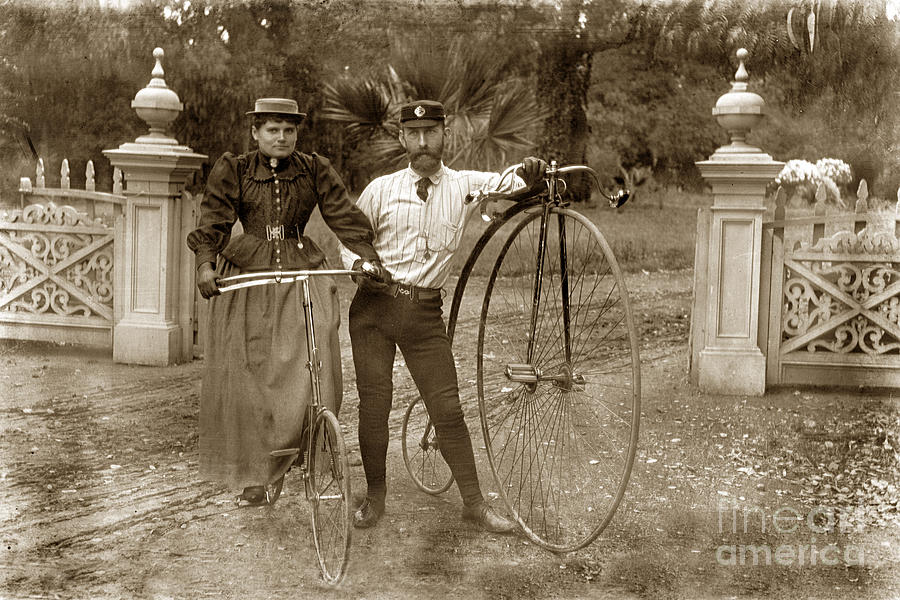 Bicycle Photograph - Penny-farthing high wheel at Hotel Del Monte Monterey California circa 1890 by Monterey County Historical Society