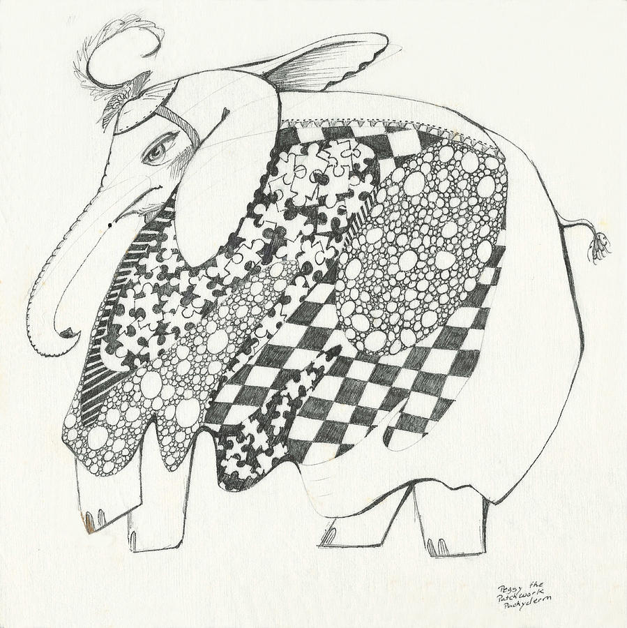 Penny the Patchwork Pachyderm Drawing by Melinda Dare Benfield