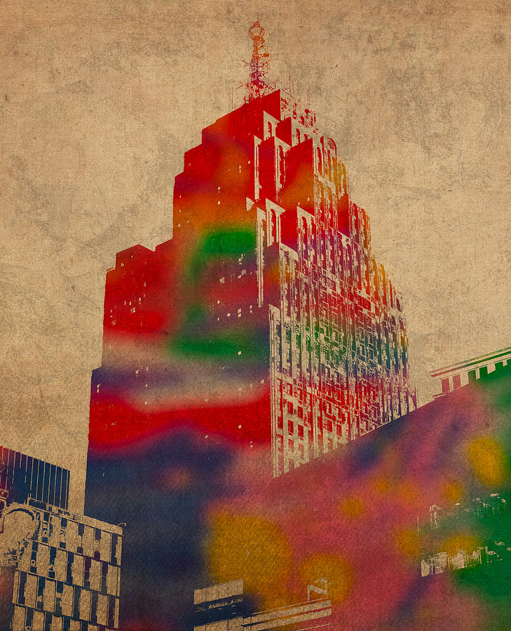Detroit Mixed Media - Penobscot Building Iconic Buildings of Detroit Watercolor on Worn Canvas Series Number 5 by Design Turnpike