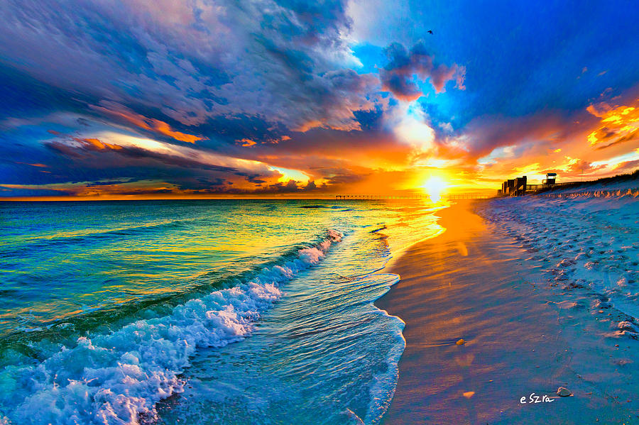Sunset Photograph - Pensacola Florida-Beach Waves-Sun Burst Shoreline by Eszra Tanner