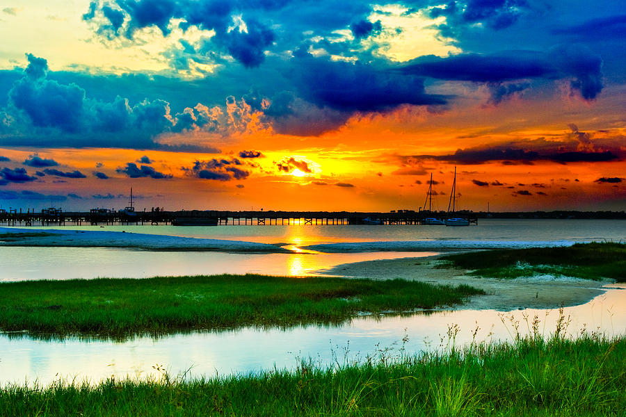 Pensacola Florida Harbor-Radiant Red Sunset-Green Grass Photograph by Eszra Tanner