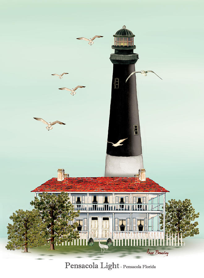 Pensacola Light House Painting by Anne Beverley-Stamps