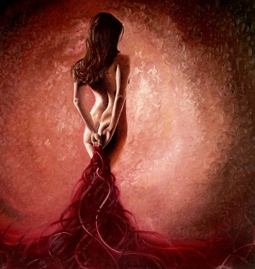 Pensive lady in red Painting by Lianne Anderson