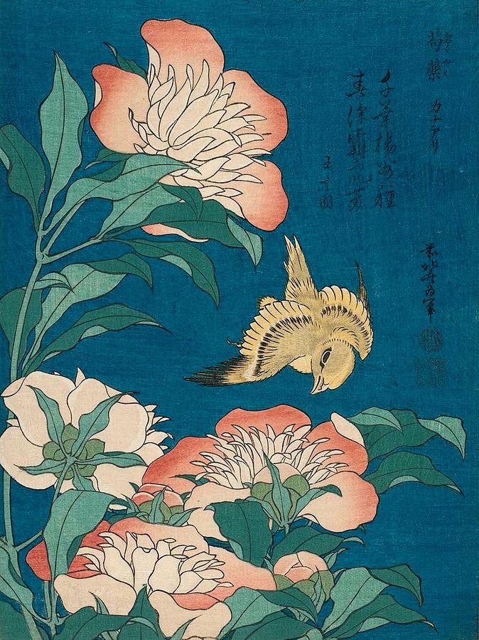 Peonies and Canary Painting by Katsushika Hokusai