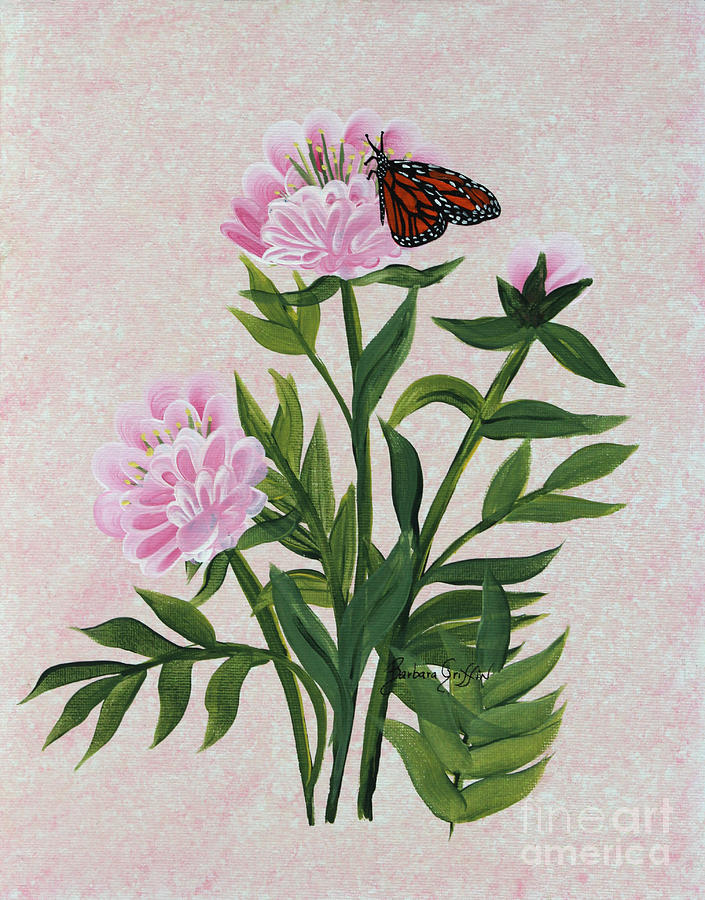 Peonies and Monarch Butterfly Painting by Barbara A Griffin