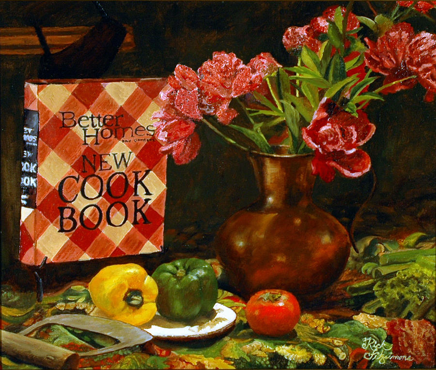 Peonies and Recipes Painting by Rick Fitzsimons