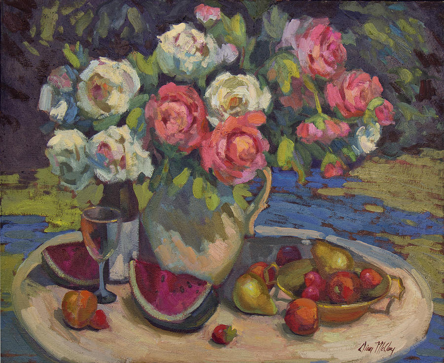 Peonies and Summer Fruit Painting by Diane McClary