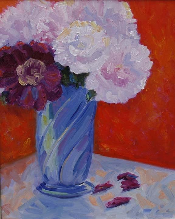 Pink Painting - Peonies in a Blue Vase by Barbara Jones