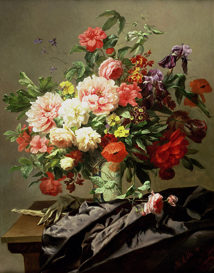 Peonies, Poppies And Roses, 1849 Painting by Henri Robbe