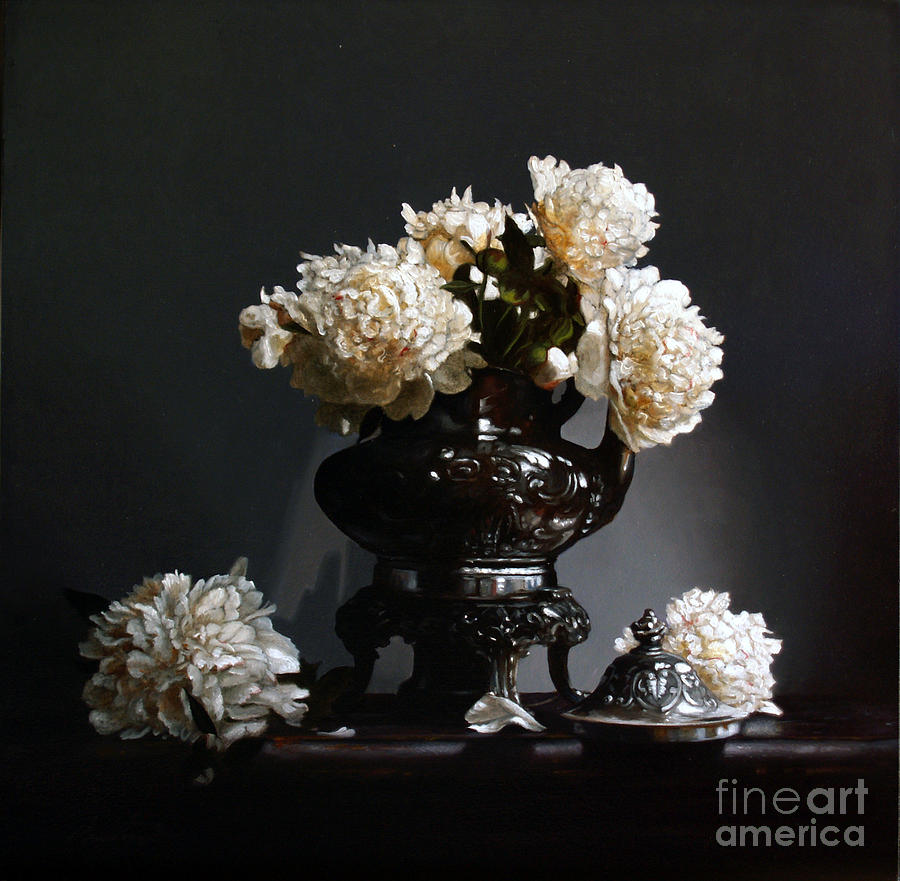 Coffee Painting - Peonies With Silver Coffee Pot by Lawrence Preston