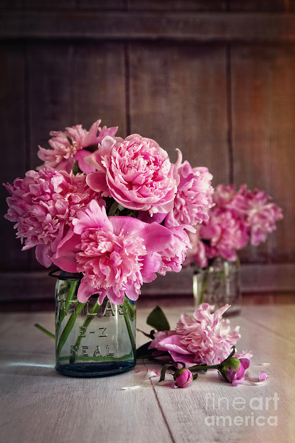 Peony flowers in glass jar with vintage feel Photograph by Sandra Cunningham