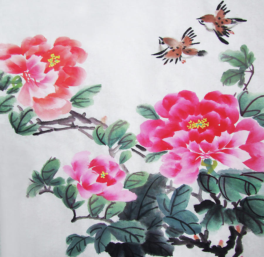 Nature Painting - Peony with birds by Man Shurong
