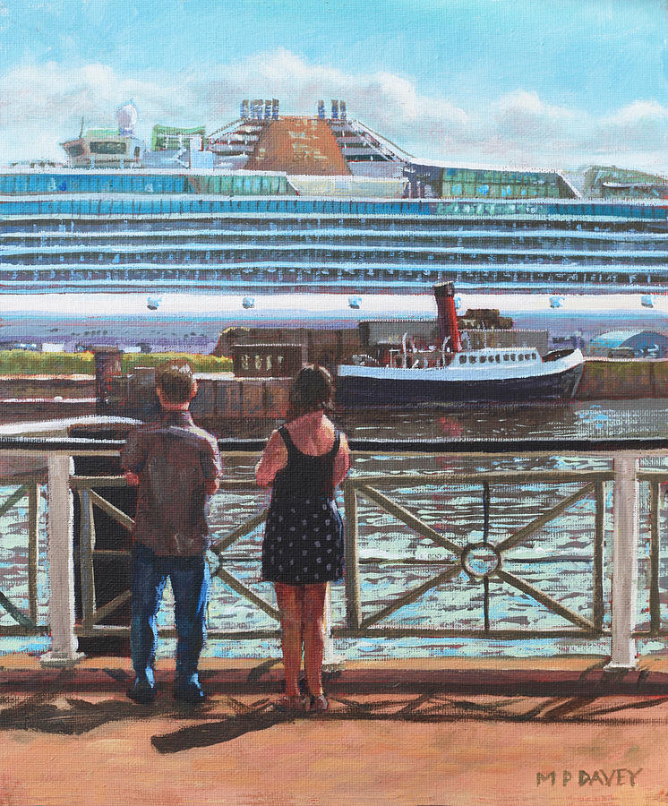 People at Southampton Eastern Docks viewing ship Painting by Martin Davey