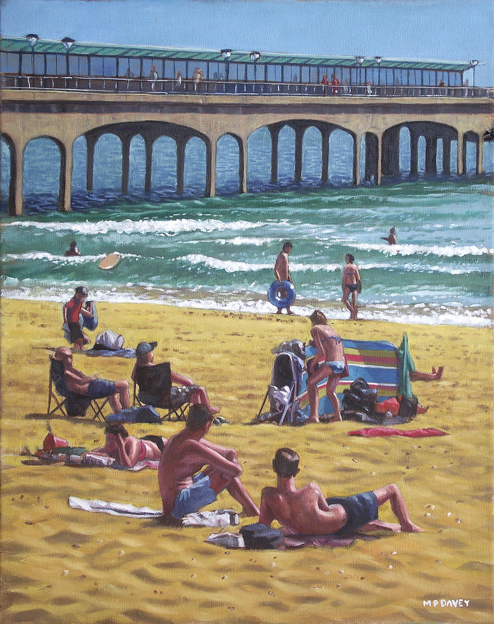 people on Bournemouth beach Boys looking Painting by Martin Davey