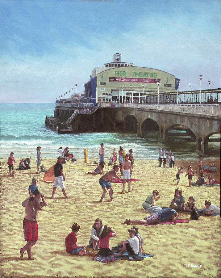 Summer Painting - people on Bournemouth beach Pier theatre by Martin Davey