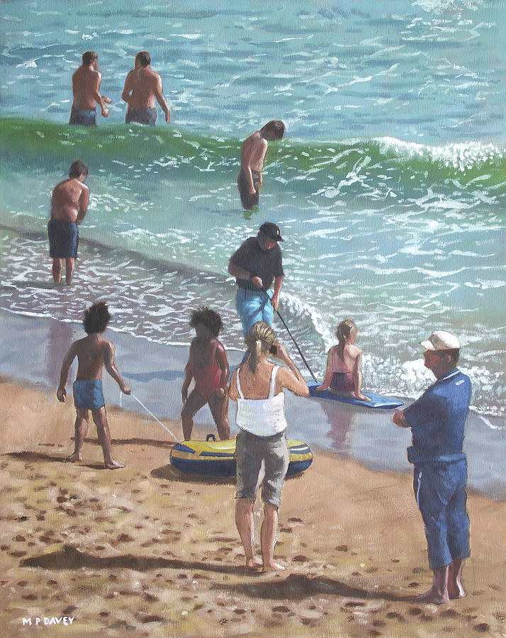people on Bournemouth beach pulling dinghies Painting by Martin Davey