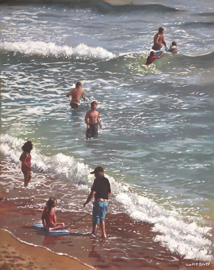 People On Bournemouth Beach Waves And People Painting by Martin Davey