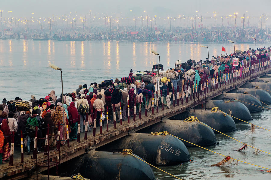 People On Bridge Over River, Allahabad Photograph by Pixelchrome Inc