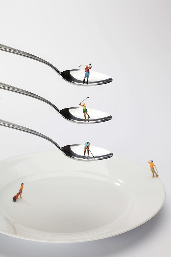 People playing golf on spoons little people on food Painting by Paul Ge