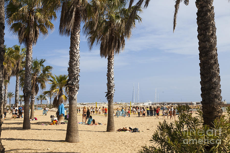 people under the palm trees on the beach at Salou Photograph by Peter Noyce