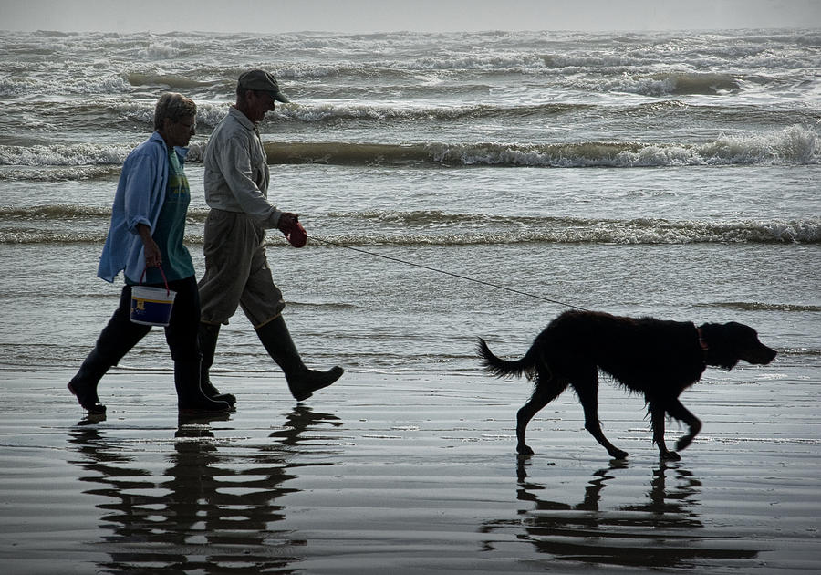 People walking the Dog along the Beach Photograph by Randall Nyhof