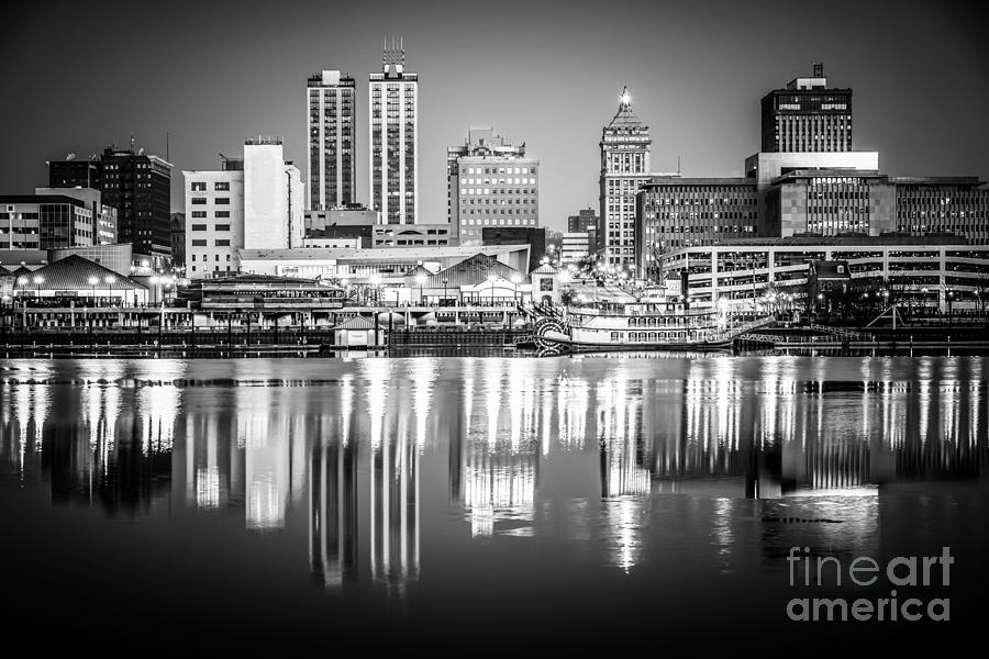 Architecture Photograph - Peoria Illinois Skyline at Night in Black and White by Paul Velgos