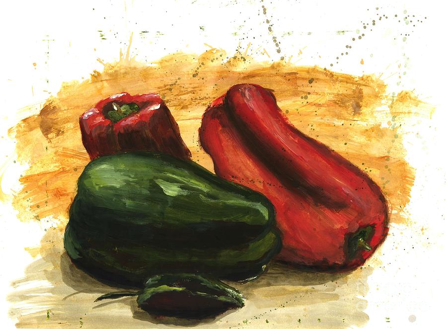 Peppers in a Flash Painting by Maria Hunt