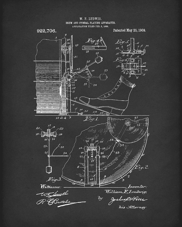 Percussion System 1909 Patent Art Black Drawing by Prior Art Design