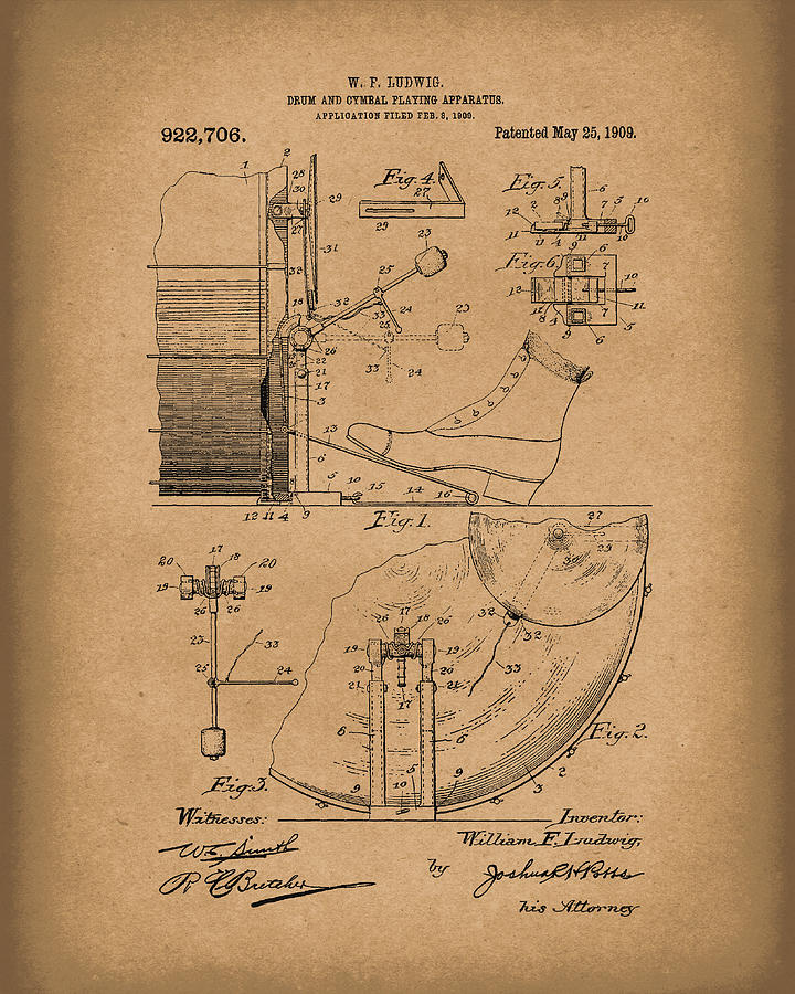 Ludwig Drawing - Percussion System 1909 Patent Art Brown by Prior Art Design