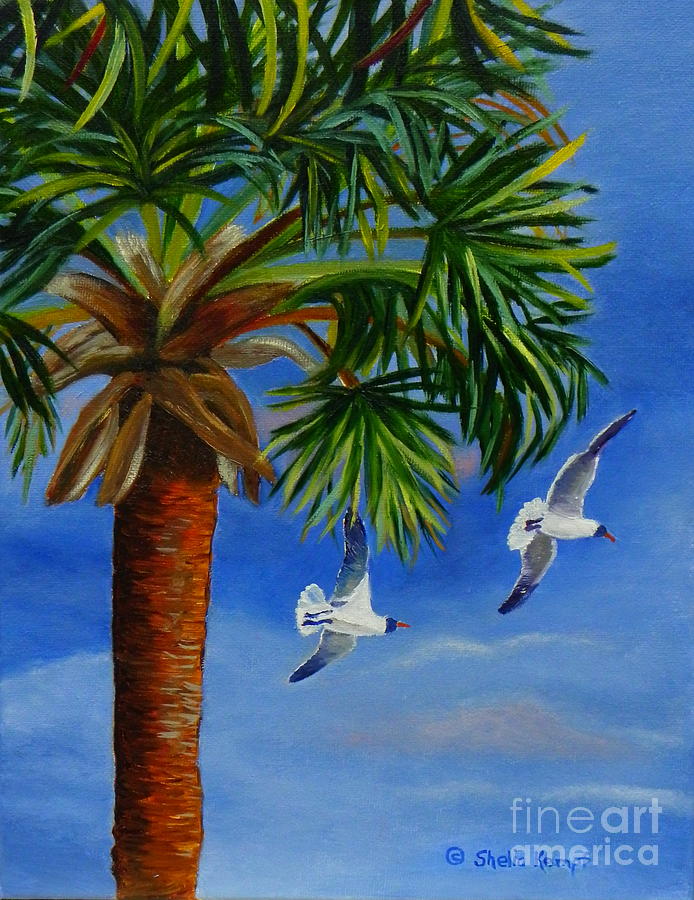 Perfect Flight  Palm Tree and Seagulls Painting by Shelia Kempf