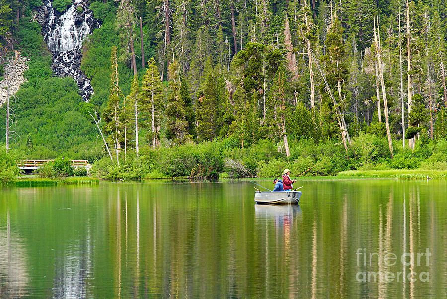Fish Photograph - Perfect Sunday - Two people fishing on a lake in Mammoth California. by Jamie Pham