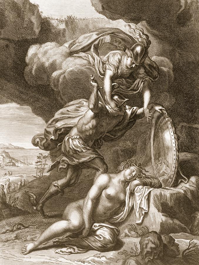 Perseus Cuts Off Medusas Head, 1731 Drawing by Bernard Picart.