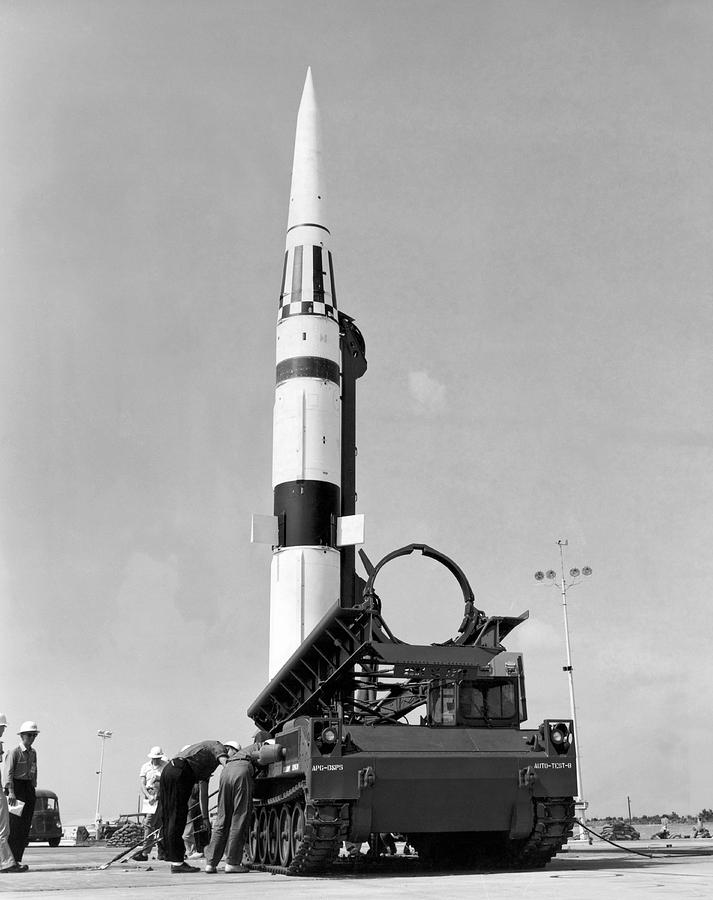 Black And White Photograph - Pershing Missile Ready To Fire by Underwood Archives