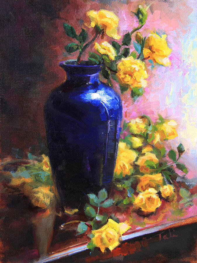 Still Life Painting - Persian Cobalt - yellow roses in cobalt vase by Talya Johnson