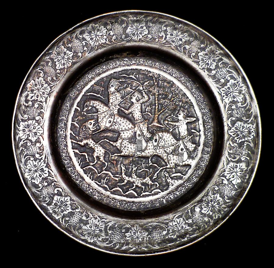 Persian Style Brass Tray Engraved Hunter, Animals Scene