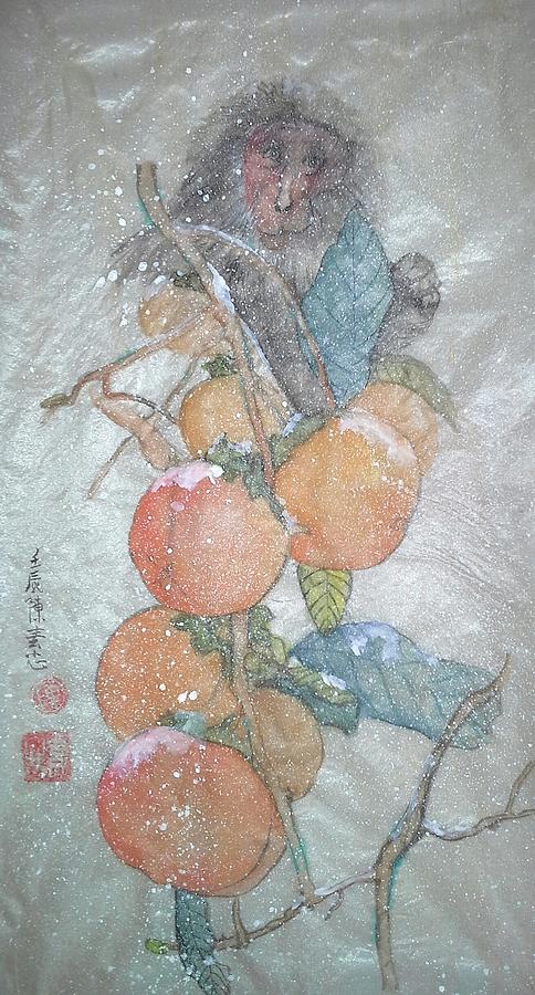 Persimmon And Snow Monkey Painting by Debbi Saccomanno Chan