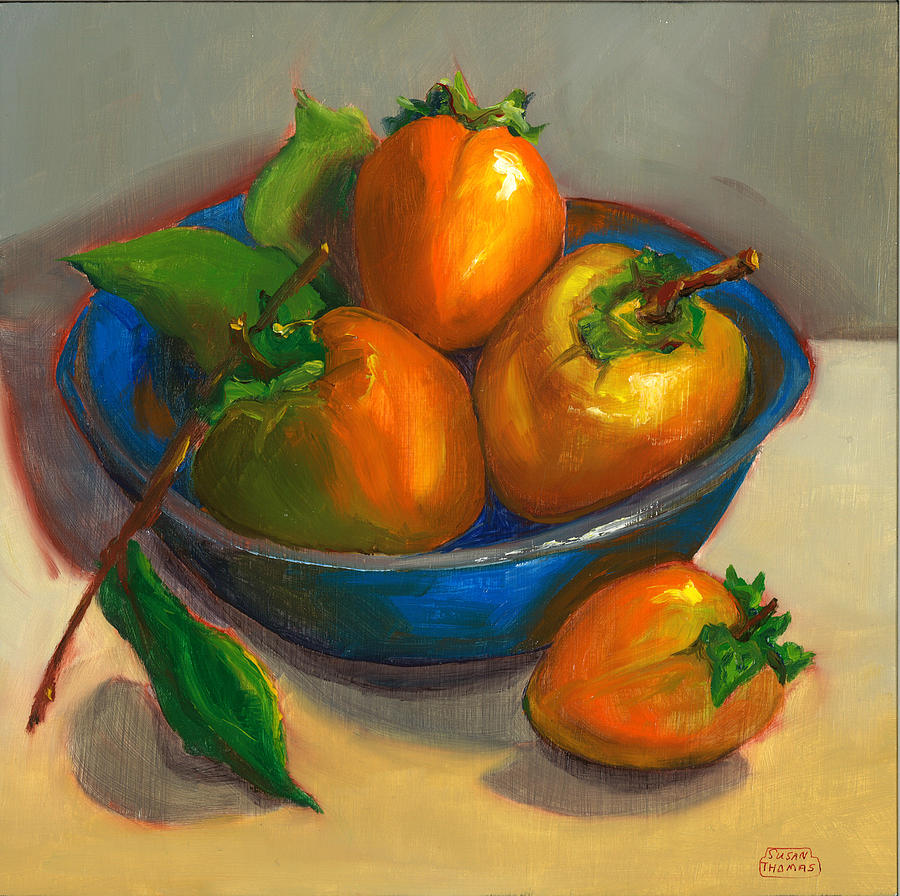 Persimmons in Blue Bowl Painting by Susan Thomas